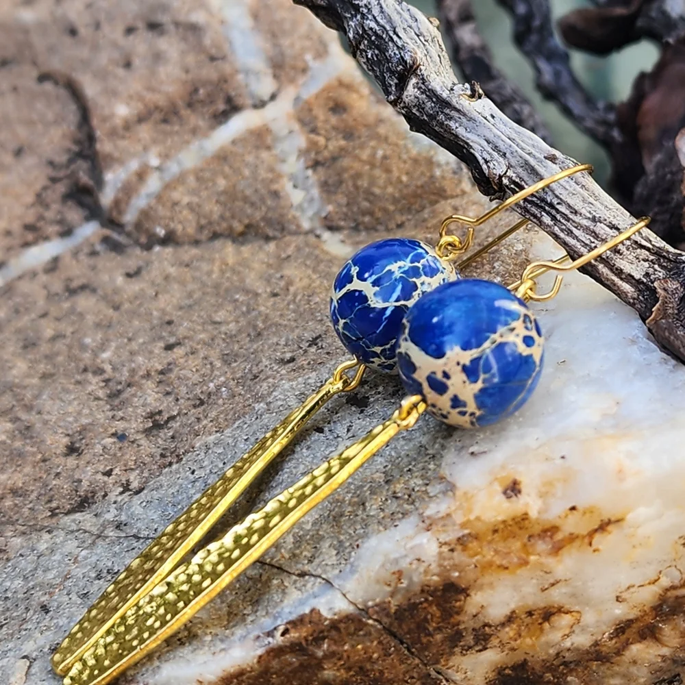 Natural Ocean Jasper 14K Gold plated Dangling Hypoallergenic Earrings